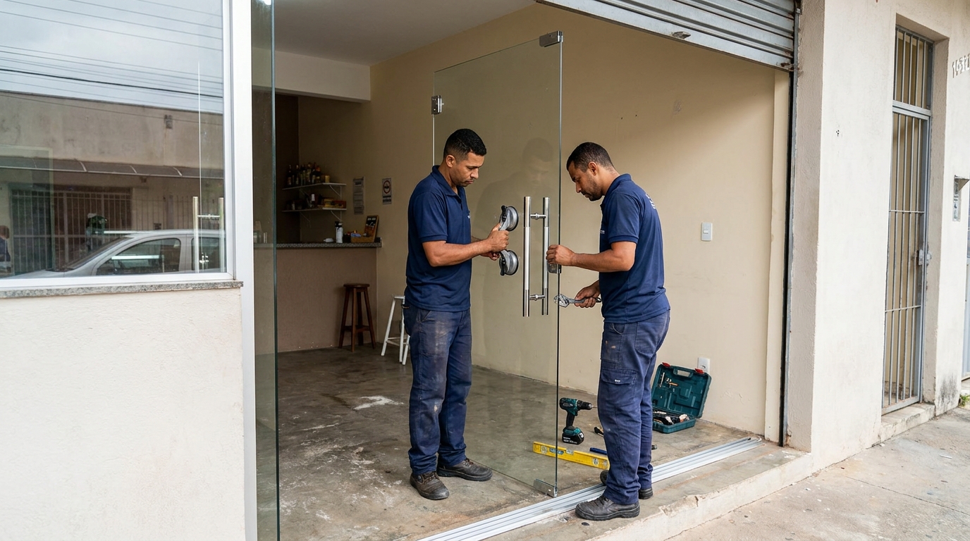 Dupla instalando porta de vidro em loja em São José dos Pinhais-PR