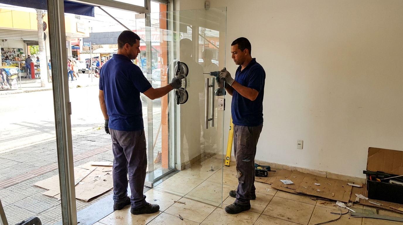 Porta de vidro de loja em rua movimentada em São José dos Pinhais-PR